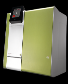 Green and white analytical instrument with a digital touchscreen display on top