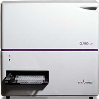 A B.M.G. Labtech CLARIOstar microplate reader with a visible tray holding a microplate on the front of the white instrument