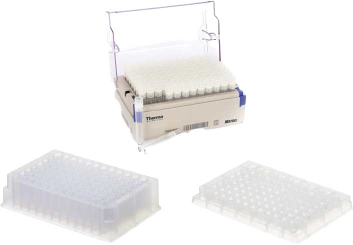A Thermo Scientific Matrix rack filled with clear plastic tubes, shown with two empty microplate trays beside it