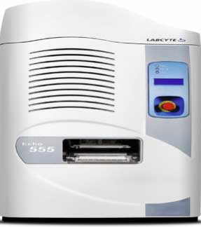 A Labcyte Echo 555 acoustic liquid handler with a front slot for microplates and a blue digital control panel on the right side