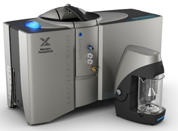 Malvern Panalytical Mastersizer Hydro laser diffraction particle size analyzer with a metallic gray exterior and connected sample dispersion unit