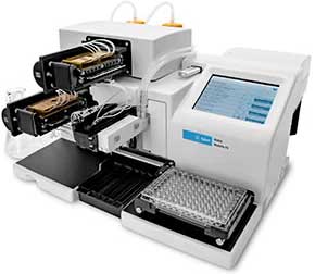 automated liquid handling workstation with a touchscreen display, pipetting arms, and a microplate positioned on the platform